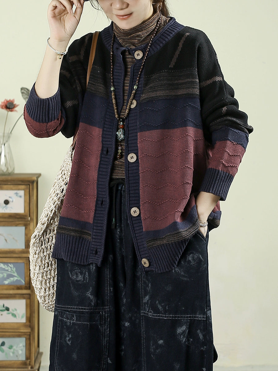 Women Autumn Vintage Colorblock O-Neck Knitted Sweater