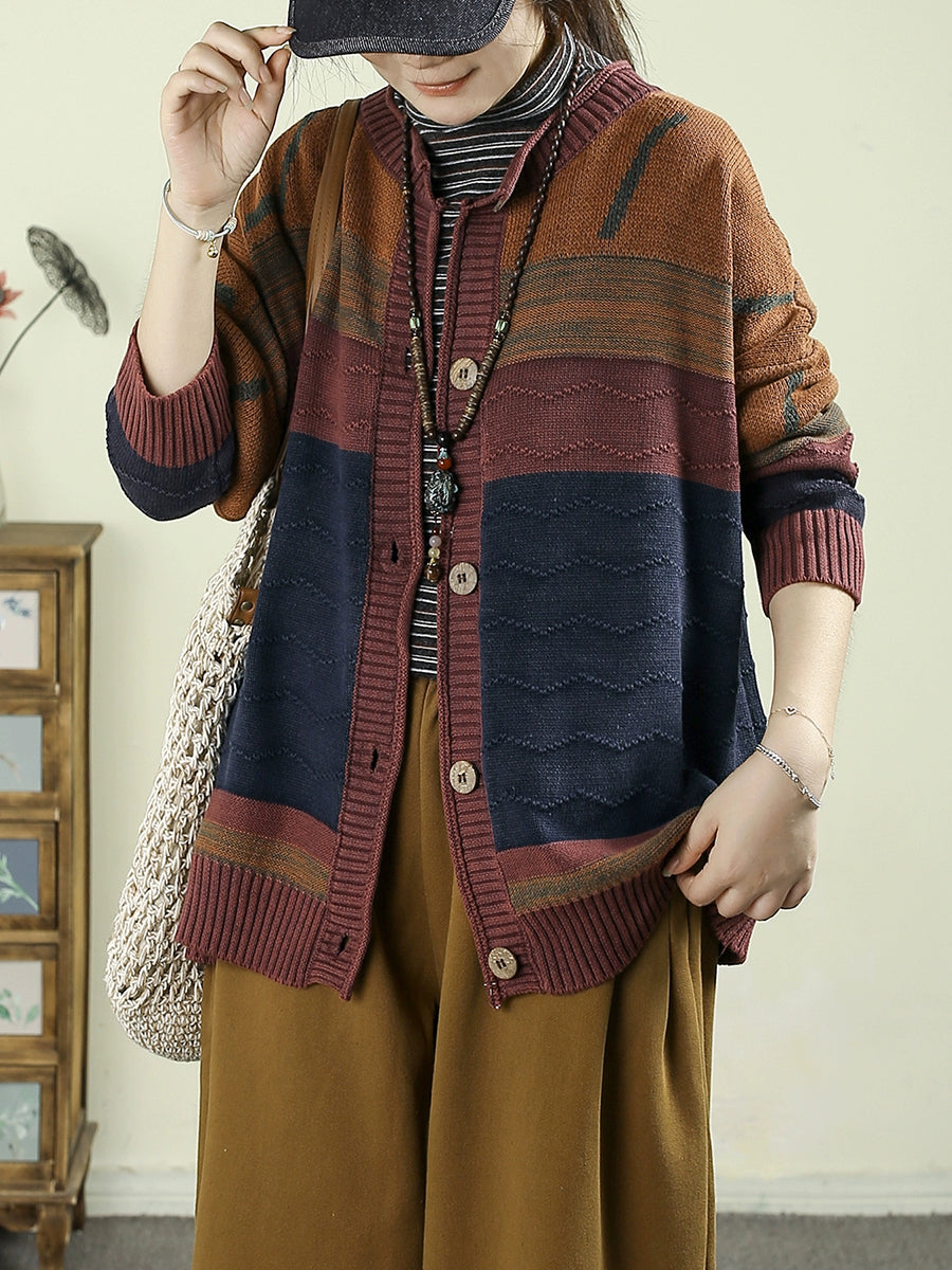 Women Autumn Vintage Colorblock O-Neck Knitted Sweater