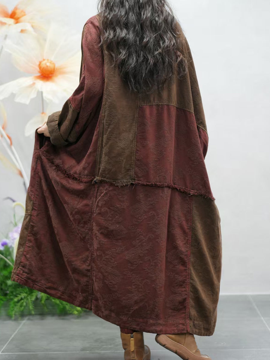 Women Autumn Colorblock O-Neck 100%Cotton Maxi Dress