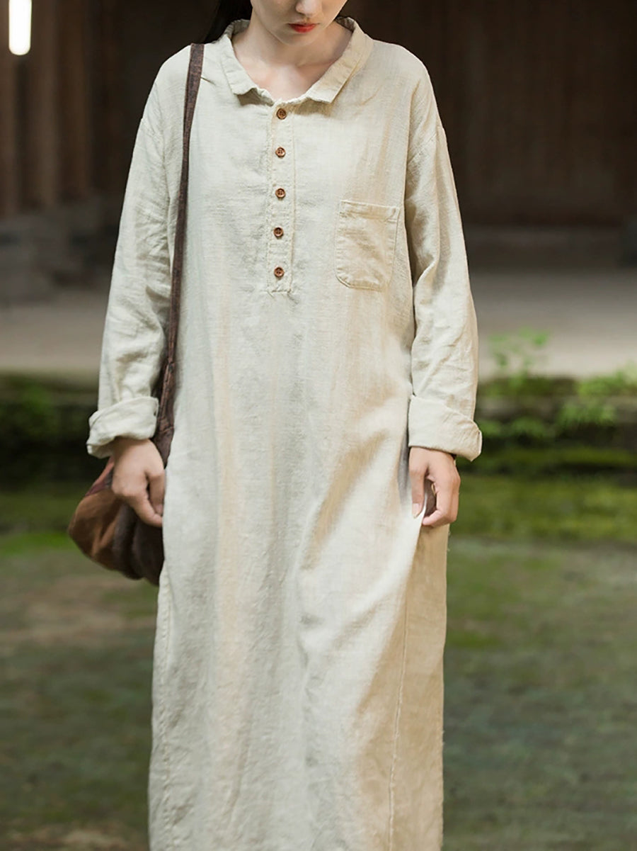 Women Autumn Vintage Pure Color Ramie Cotton Dress