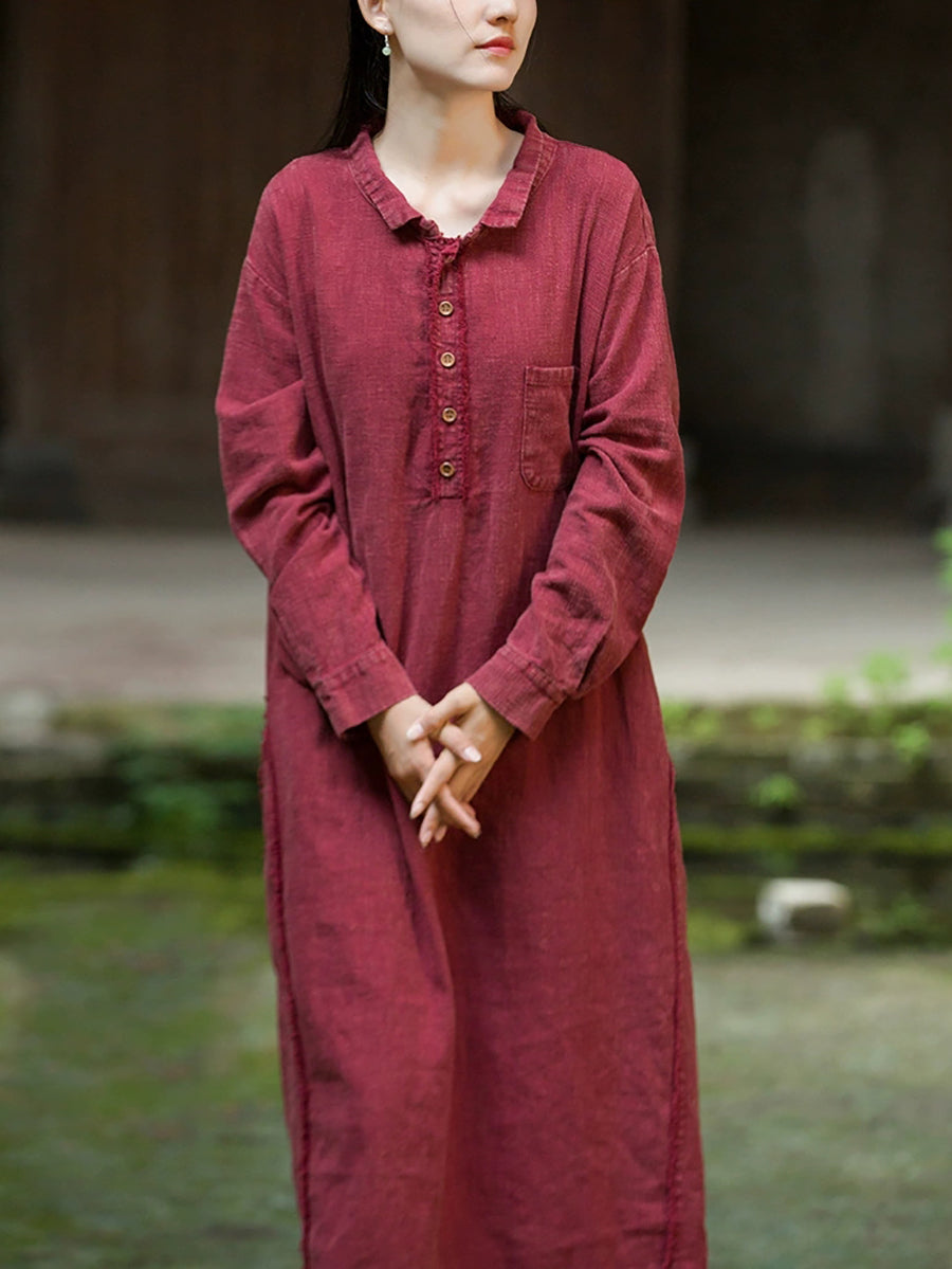 Women Autumn Vintage Pure Color Ramie Cotton Dress