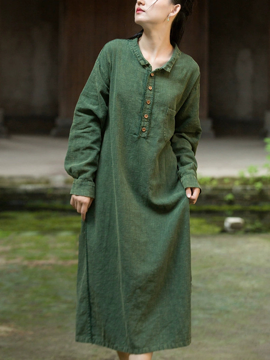 Women Autumn Vintage Pure Color Ramie Cotton Dress