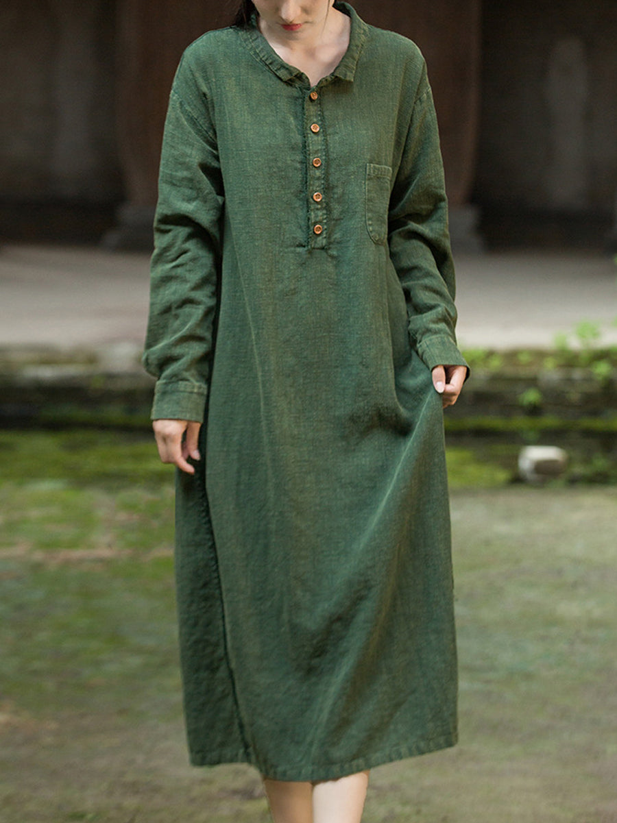 Women Autumn Vintage Pure Color Ramie Cotton Dress