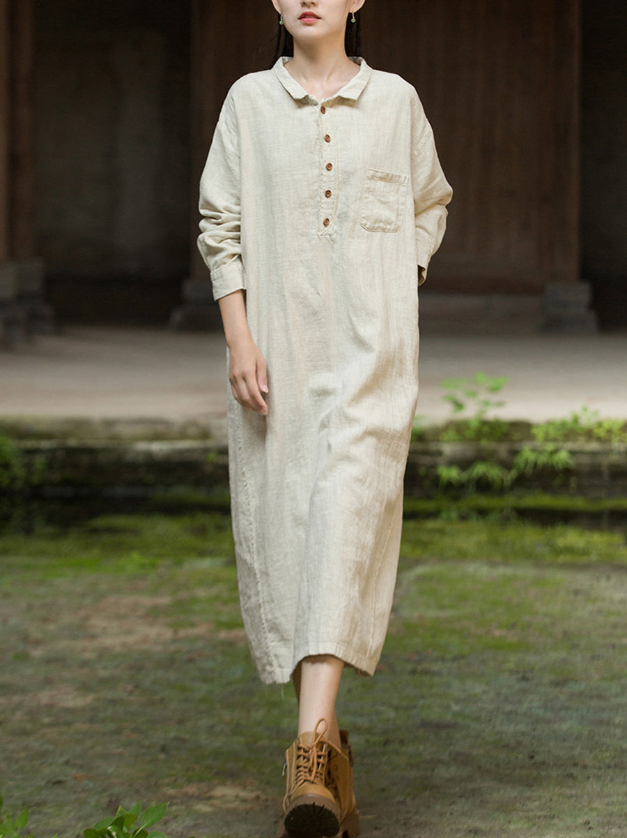 Women Autumn Vintage Pure Color Ramie Cotton Dress