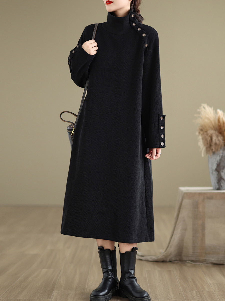 Women Winter Pure Color Fleece-lined Stand Collar Dress