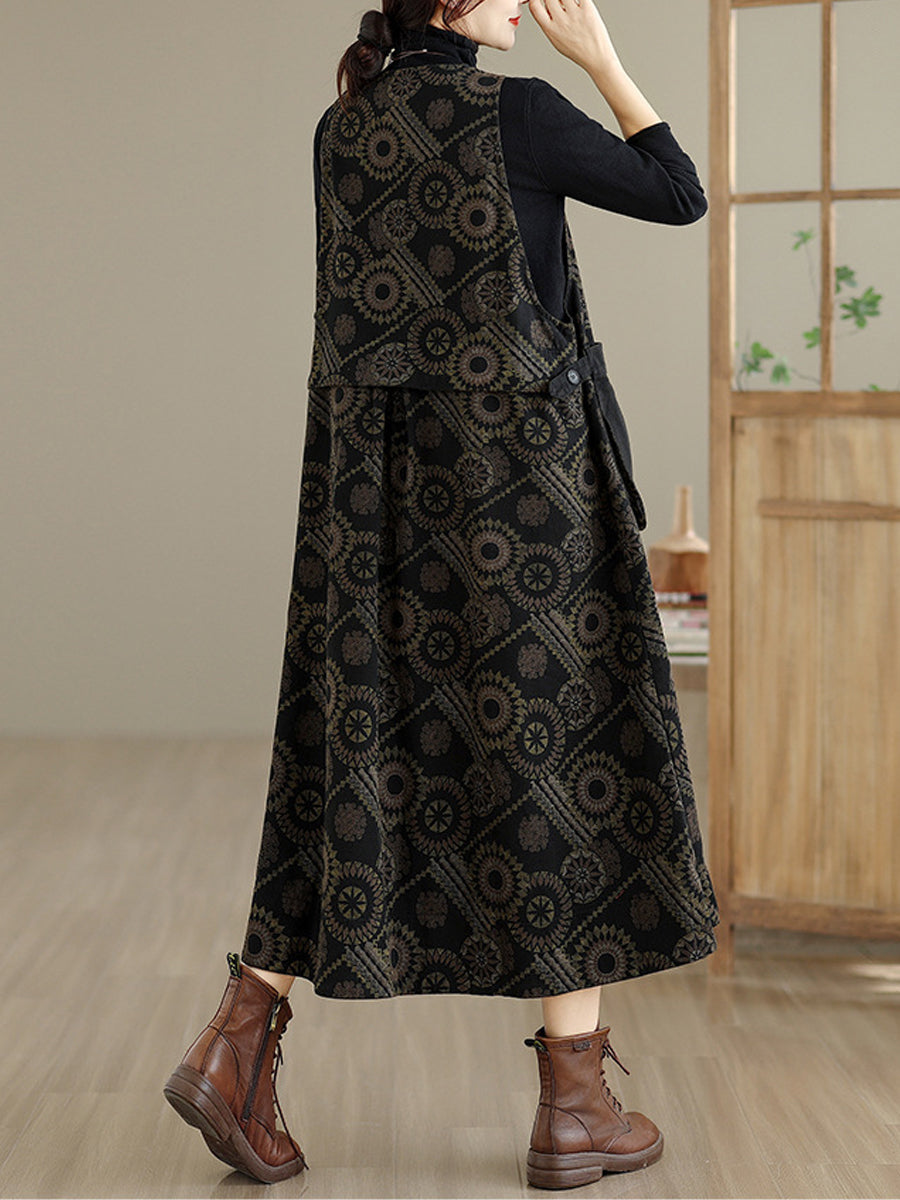 Women Autumn Retro Flower Spliced Denim V-Neck Vest Dress