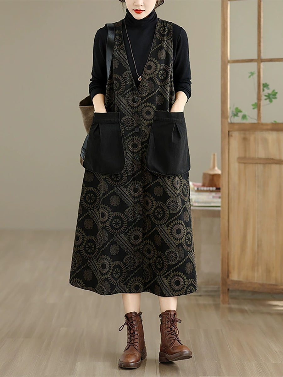 Women Autumn Retro Flower Spliced Denim V-Neck Vest Dress