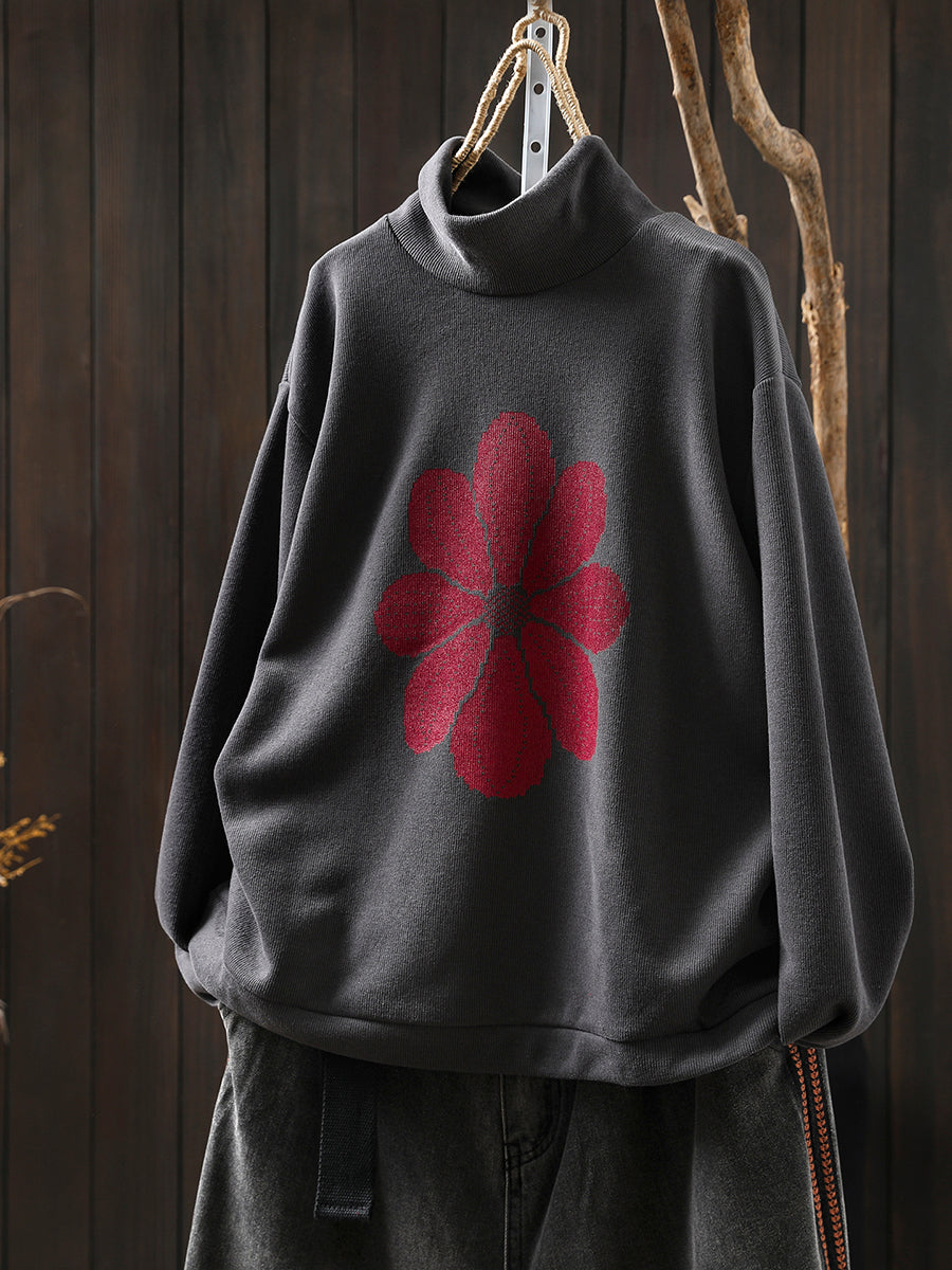 Women Autumn Flower Half-Turtleneck Knitted Sweater