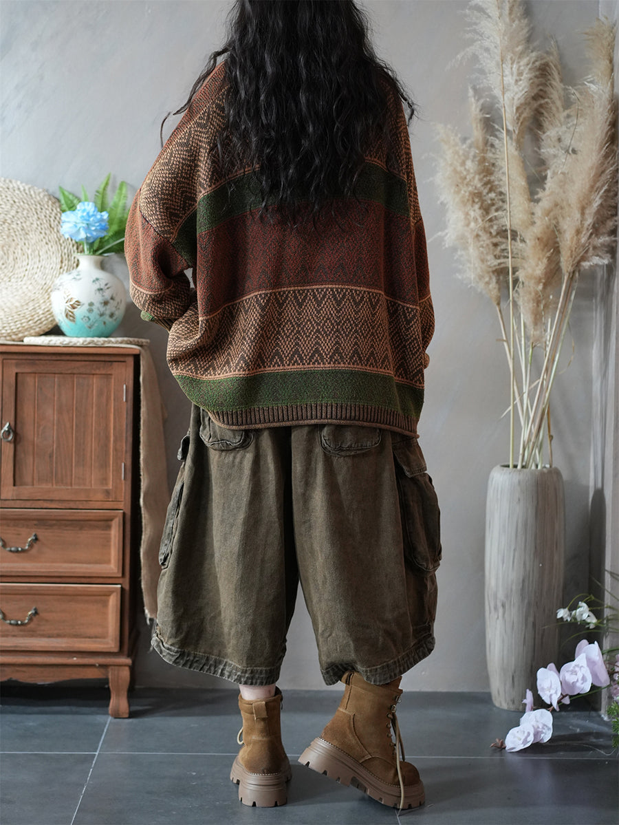 Women Autumn Artsy Colorblock Knitted O-Neck Sweater