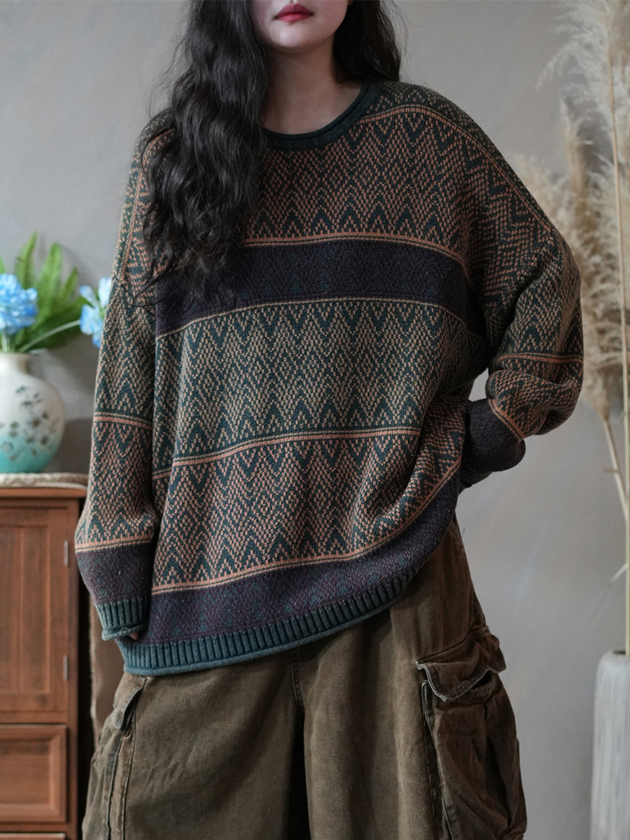 Women Autumn Artsy Colorblock Knitted O-Neck Sweater