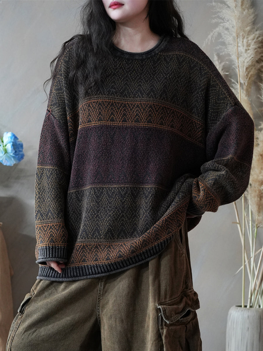 Women Autumn Artsy Colorblock Knitted O-Neck Sweater