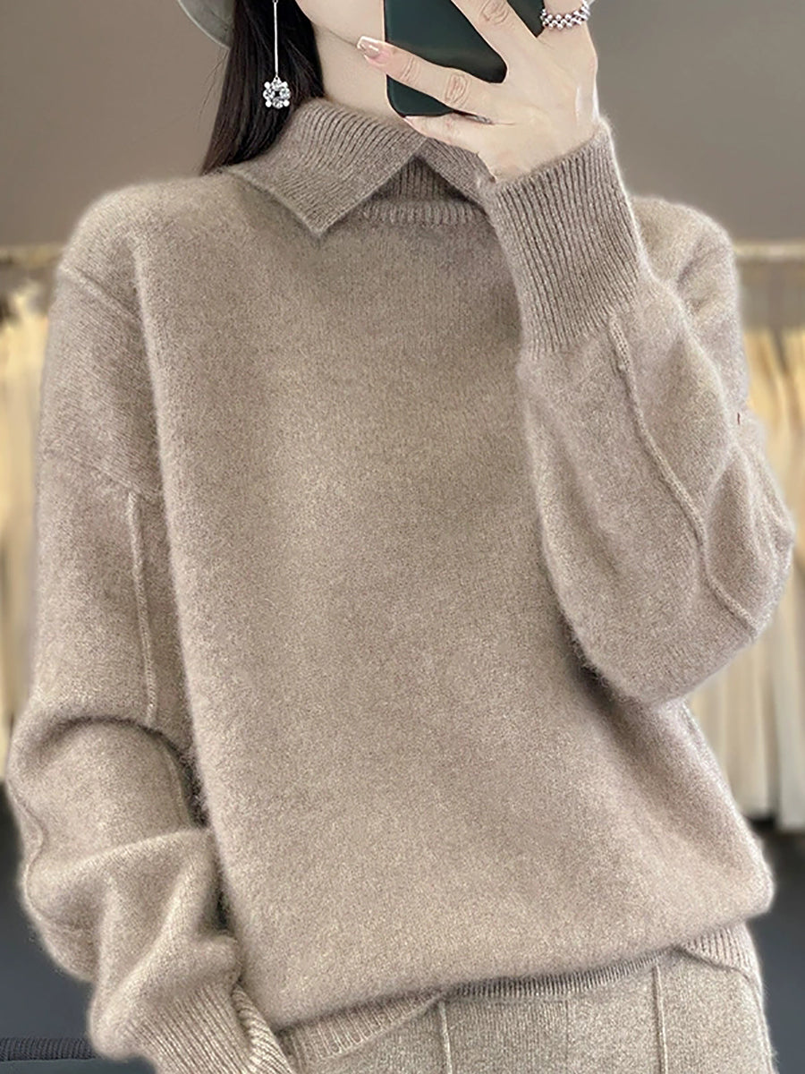 Women Autumn Pure Color Wool Turn-down Collar Sweater