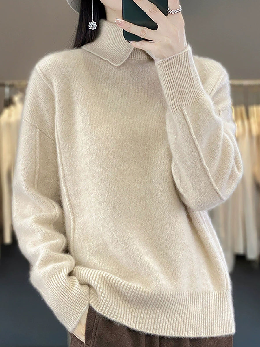 Women Autumn Pure Color Wool Turn-down Collar Sweater