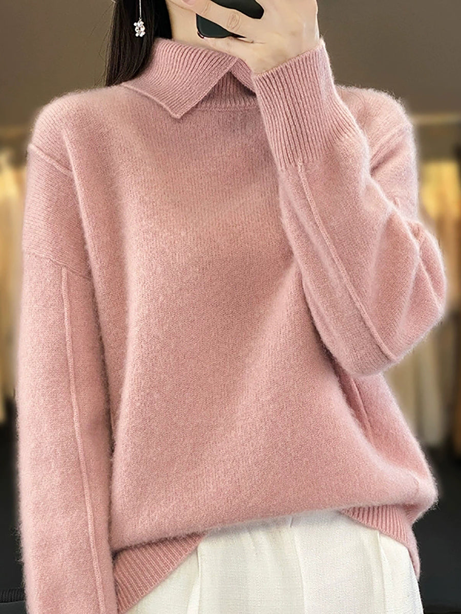 Women Autumn Pure Color Wool Turn-down Collar Sweater