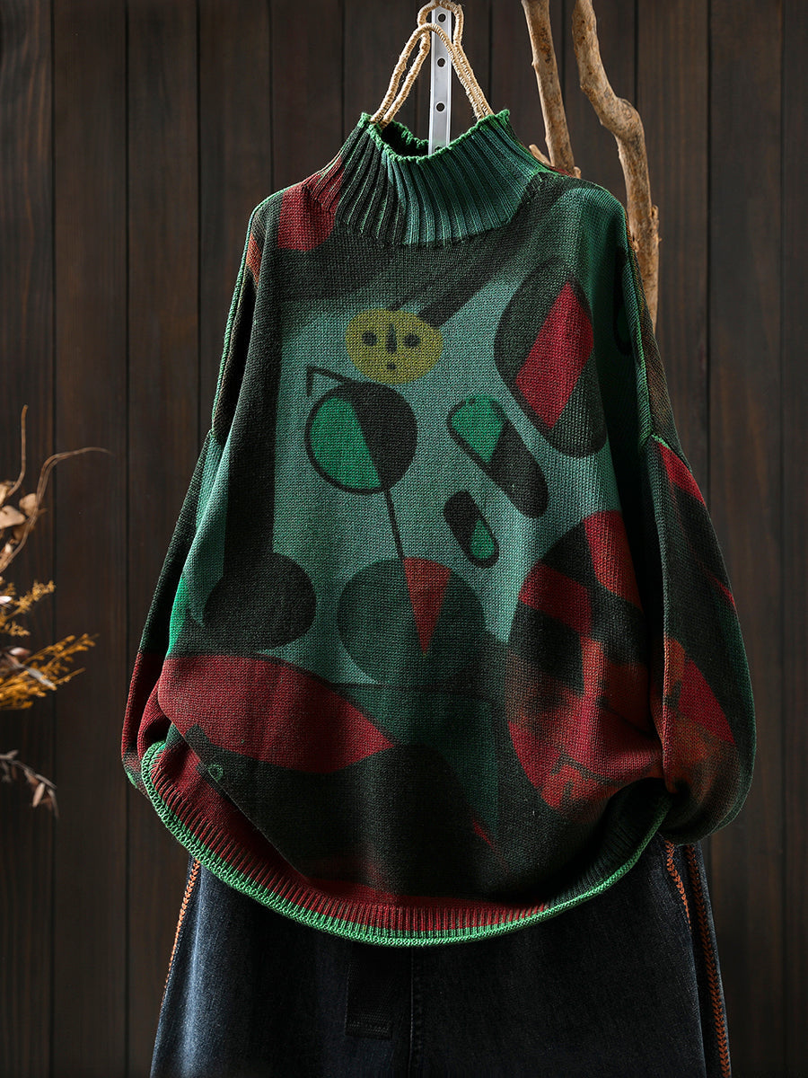 Women Autumn Vintage Print Half-Turtleneck Sweater