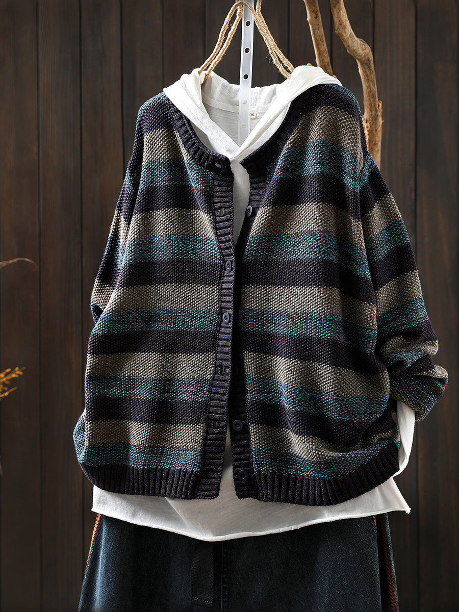 Women Autumn Stripe O-Neck Knitted Sweater Coat