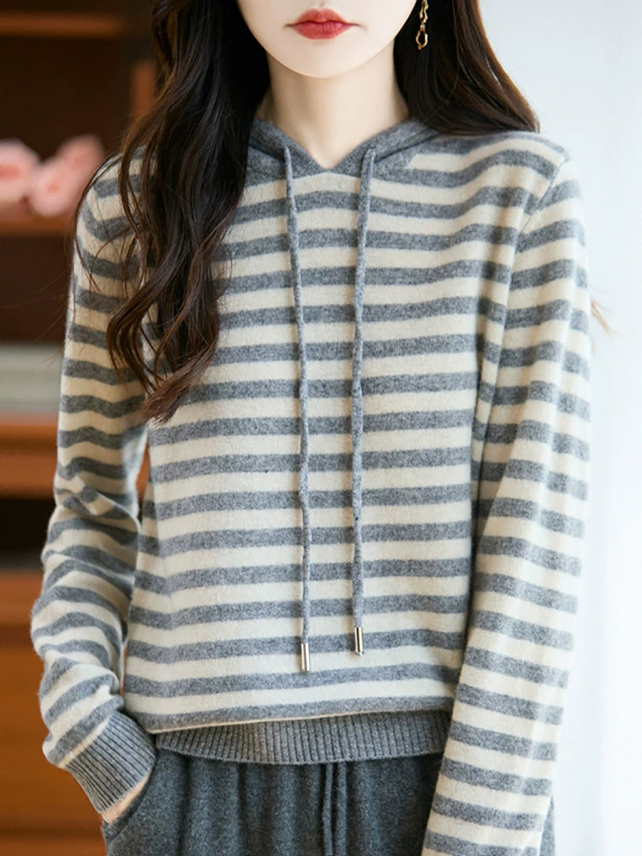 Women Autumn Casual Stripe Wool Knitted Hoodie