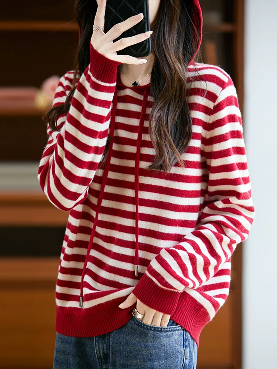 Women Autumn Casual Stripe Wool Knitted Hoodie