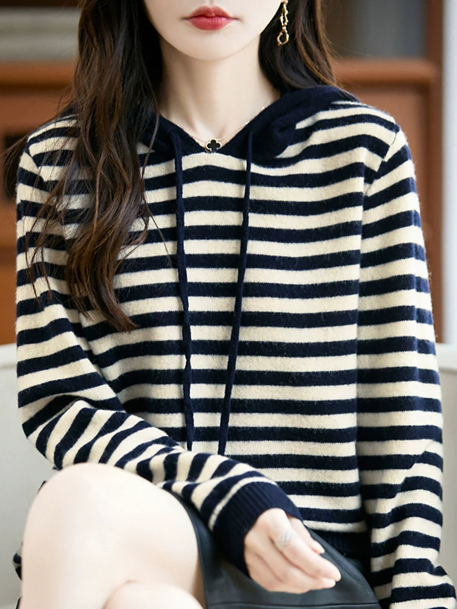 Women Autumn Casual Stripe Wool Knitted Hoodie