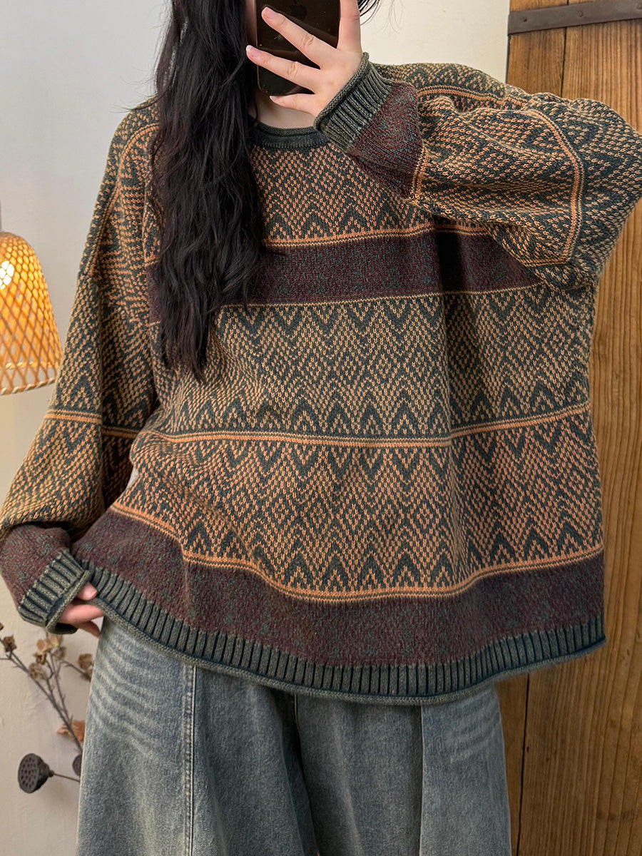 Women Autumn Retro Colorblock Knitted O-Neck Sweater