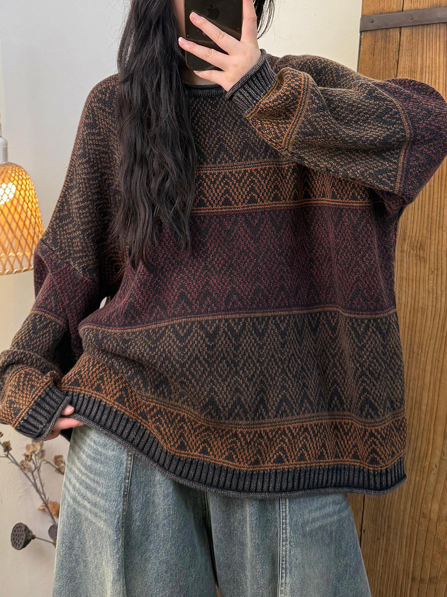 Women Autumn Retro Colorblock Knitted O-Neck Sweater