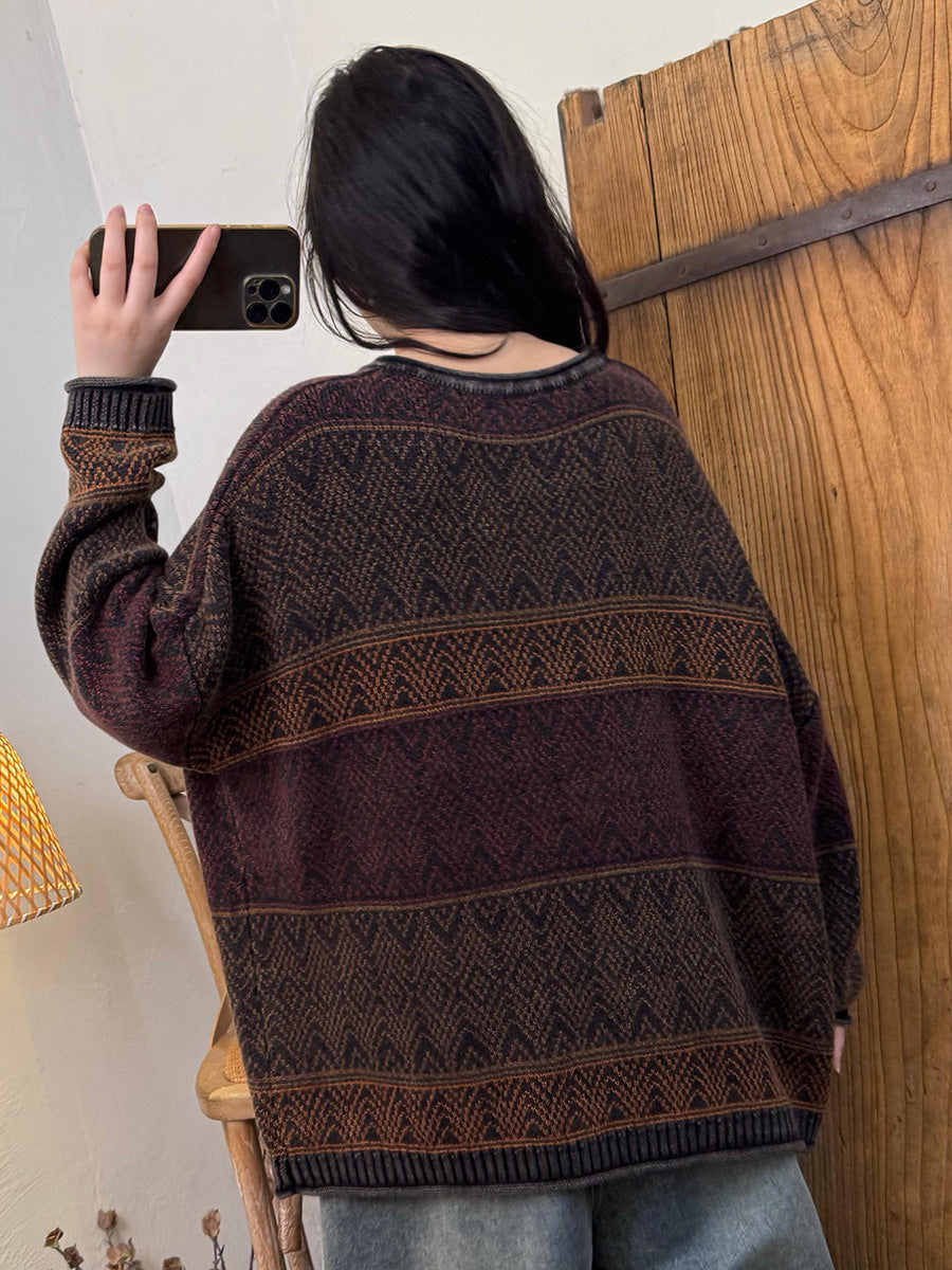 Women Autumn Retro Colorblock Knitted O-Neck Sweater