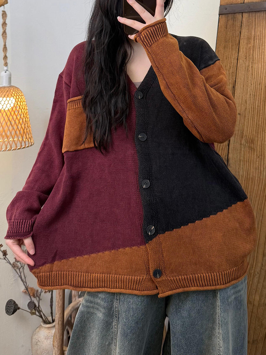 Women Vintage Colorblock V-Neck Knitted Sweater