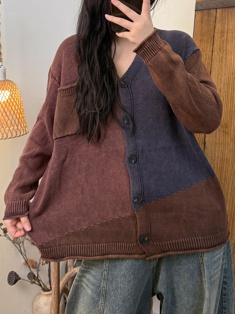 Women Vintage Colorblock V-Neck Knitted Sweater