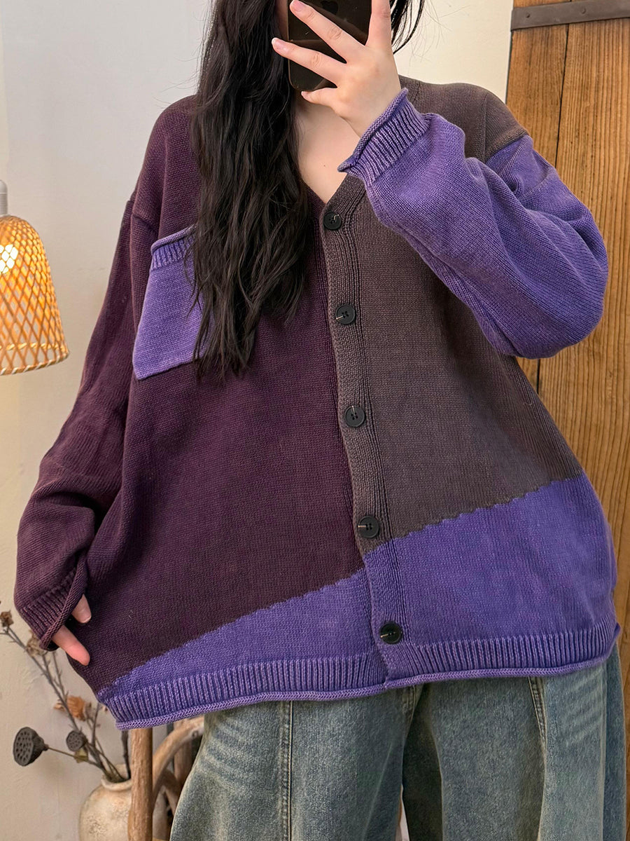 Women Vintage Colorblock V-Neck Knitted Sweater