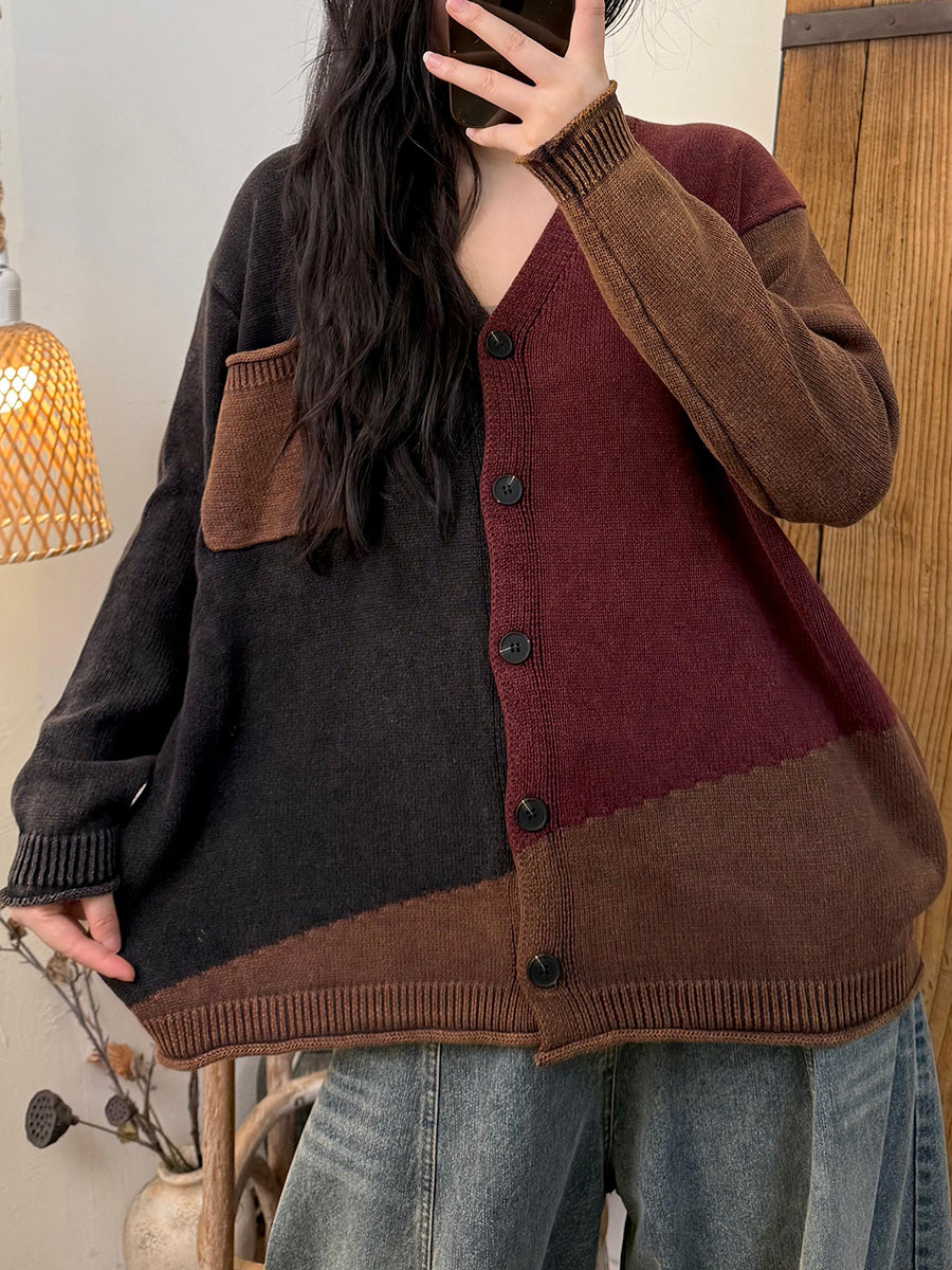 Women Vintage Colorblock V-Neck Knitted Sweater