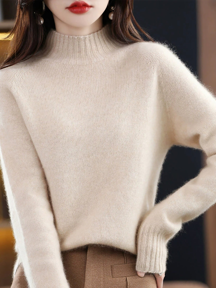 Women Autumn Pure Color 100%Wool Stand Collar Sweater