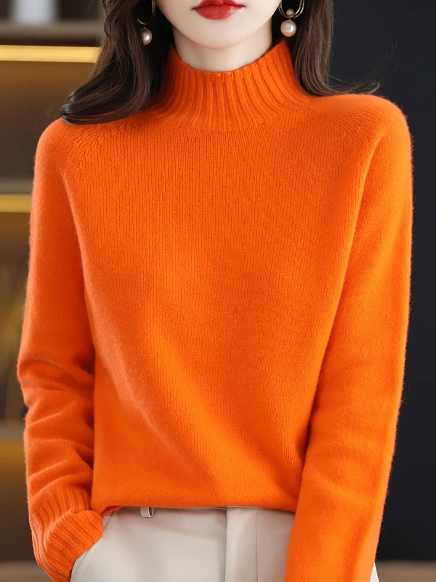 Women Autumn Pure Color 100%Wool Stand Collar Sweater