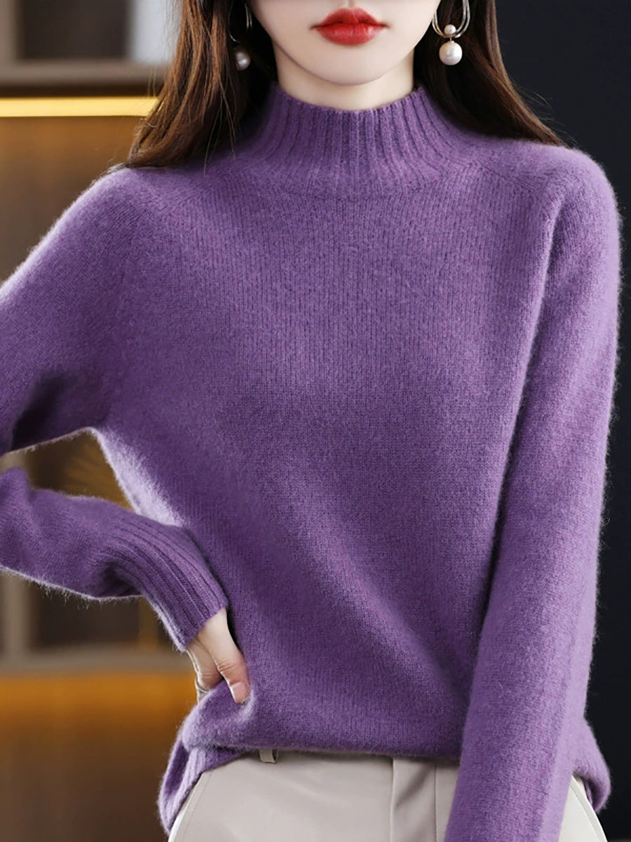 Women Autumn Pure Color 100%Wool Stand Collar Sweater
