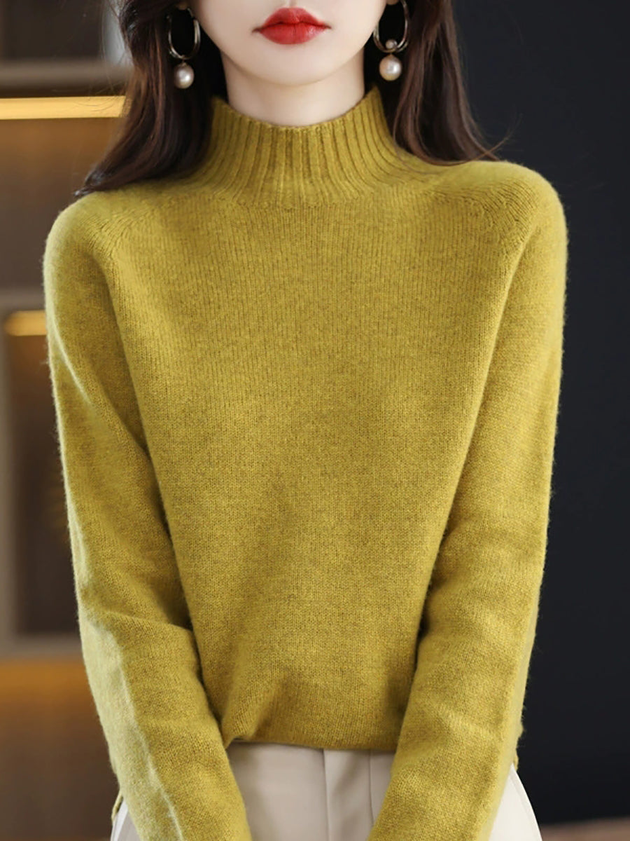 Women Autumn Pure Color 100%Wool Stand Collar Sweater