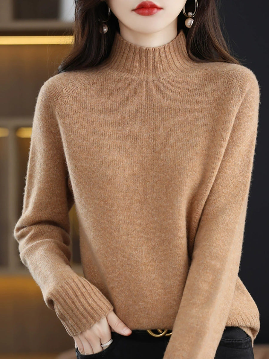 Women Autumn Pure Color 100%Wool Stand Collar Sweater