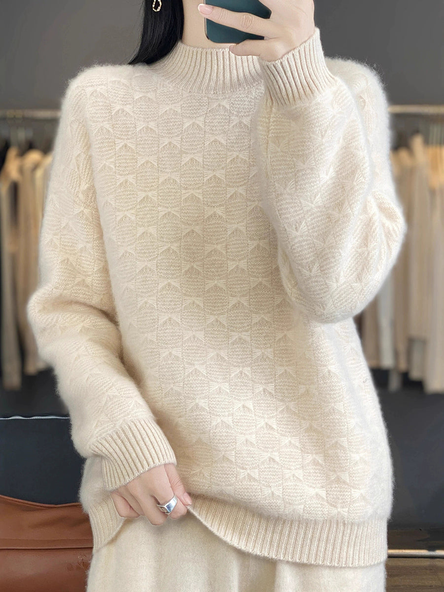 Women Vintage Autumn Bowknot Half-Turtleneck Sweater