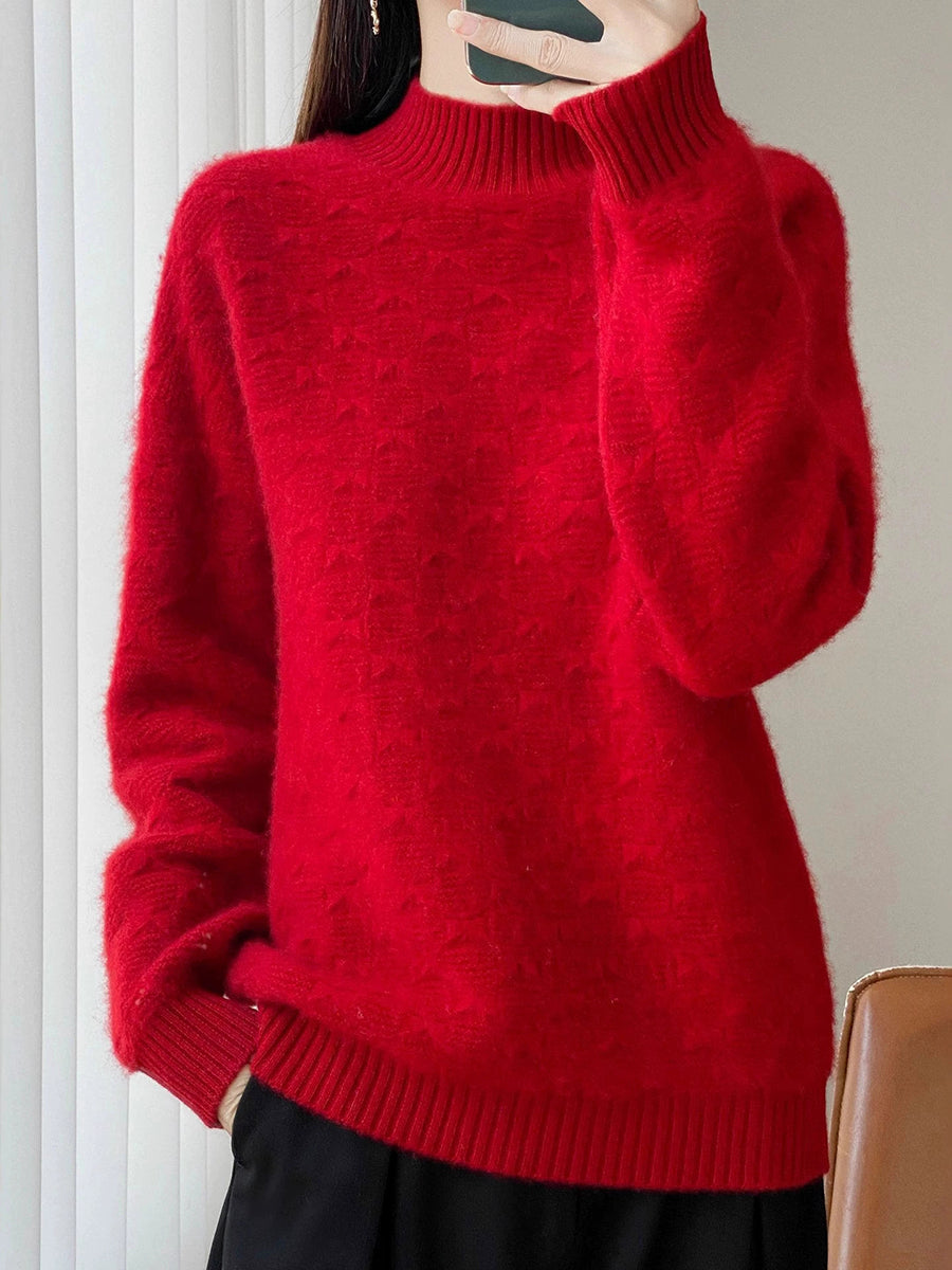 Women Vintage Autumn Bowknot Half-Turtleneck Sweater