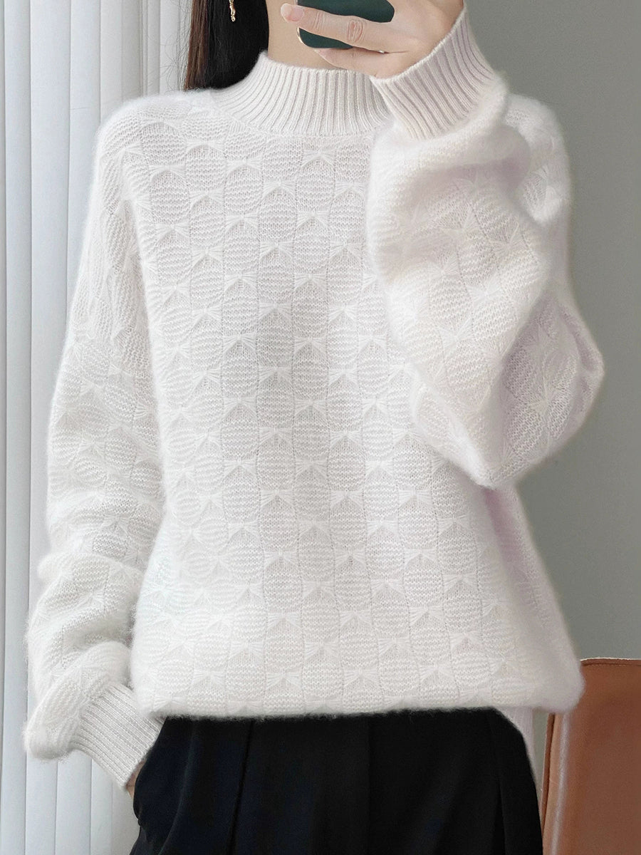 Women Vintage Autumn Bowknot Half-Turtleneck Sweater