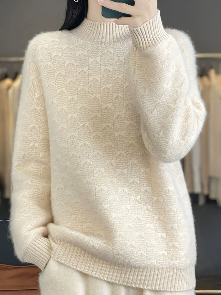 Women Vintage Autumn Bowknot Half-Turtleneck Sweater