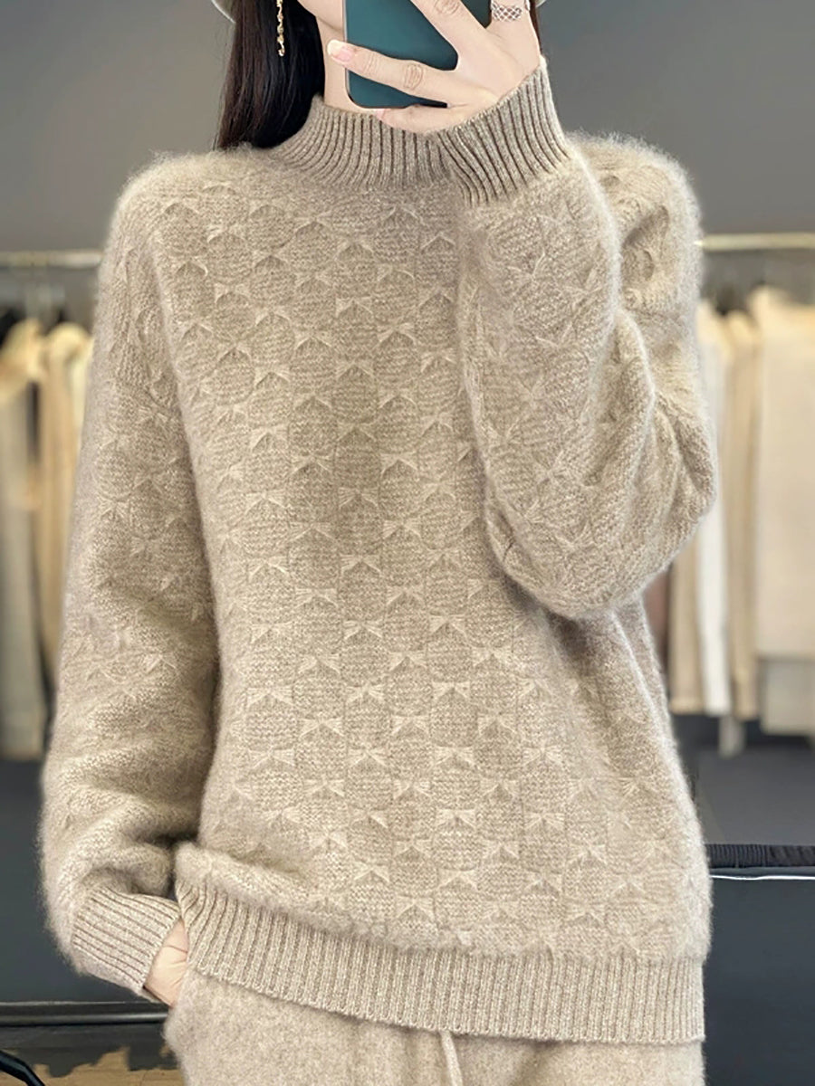 Women Vintage Autumn Bowknot Half-Turtleneck Sweater