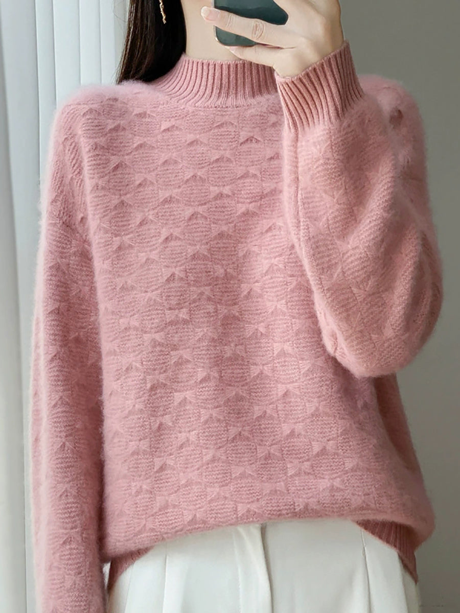 Women Vintage Autumn Bowknot Half-Turtleneck Sweater