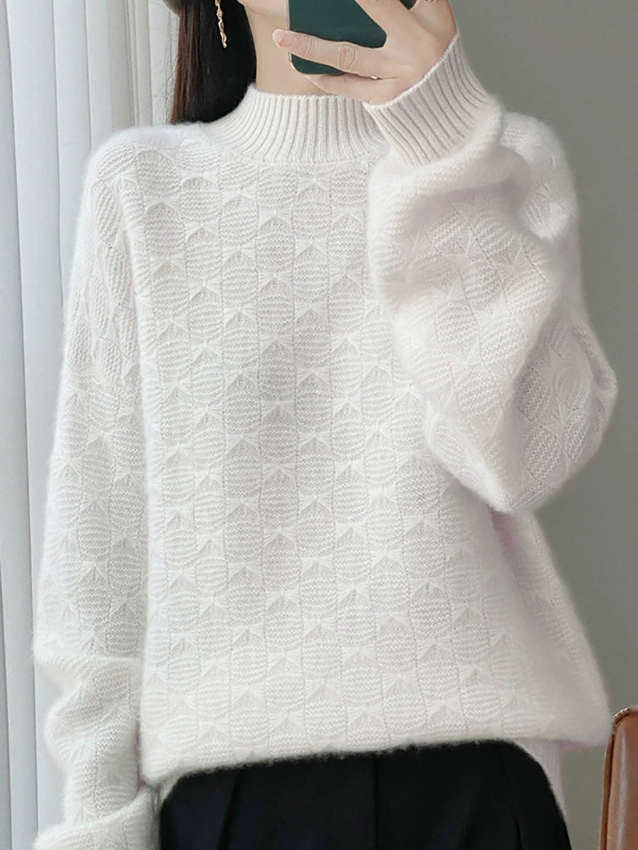 Women Vintage Autumn Bowknot Half-Turtleneck Sweater