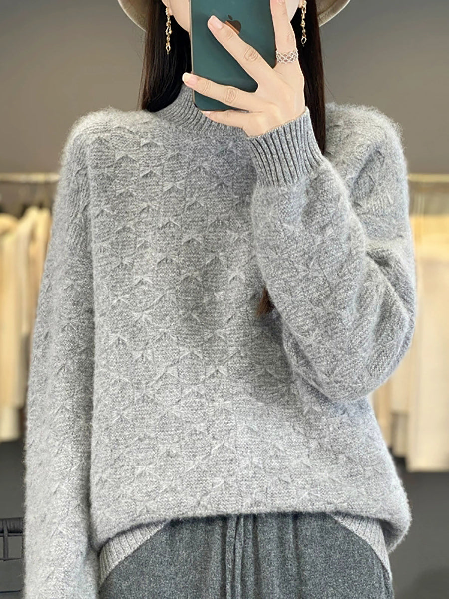 Women Vintage Autumn Bowknot Half-Turtleneck Sweater