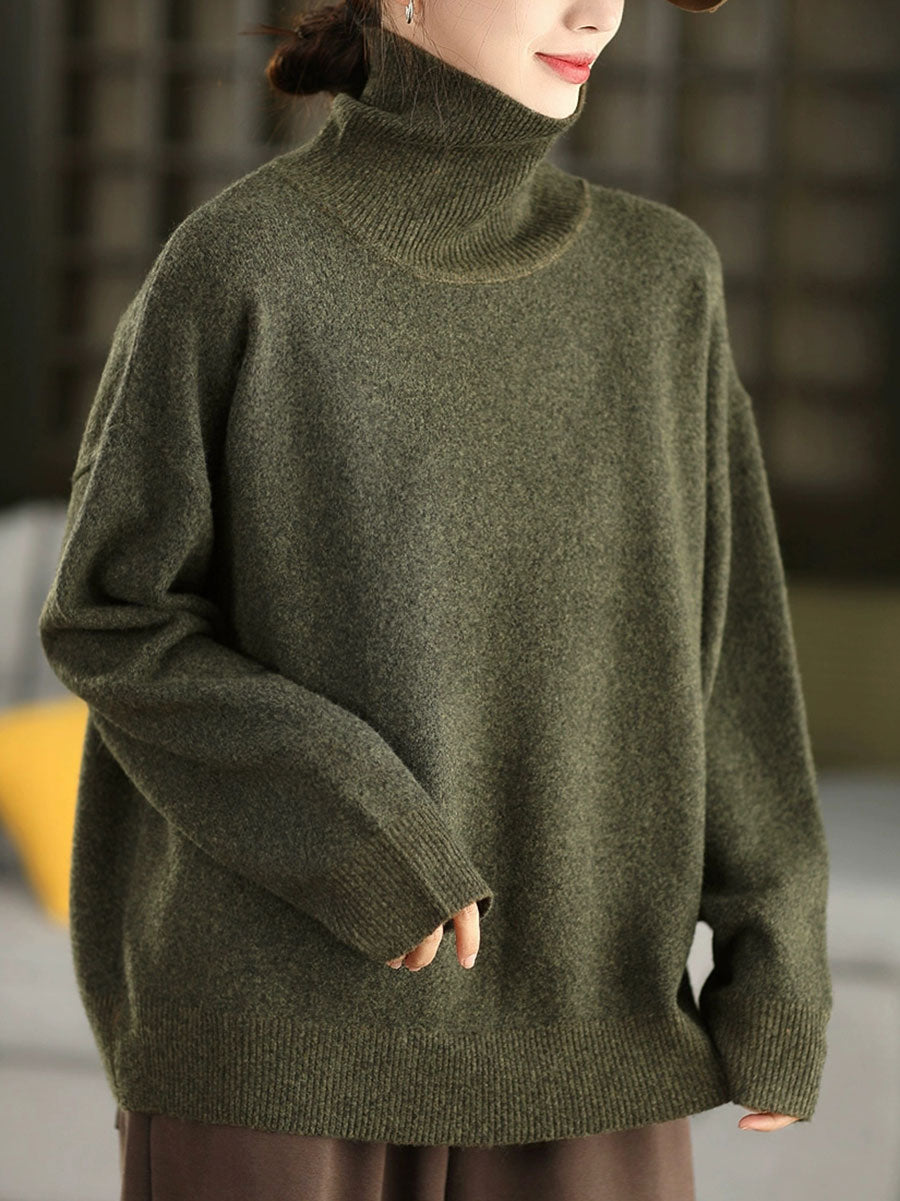 Women Vintage Autumn Pure Color Half-Turtleneck Knitted Sweater