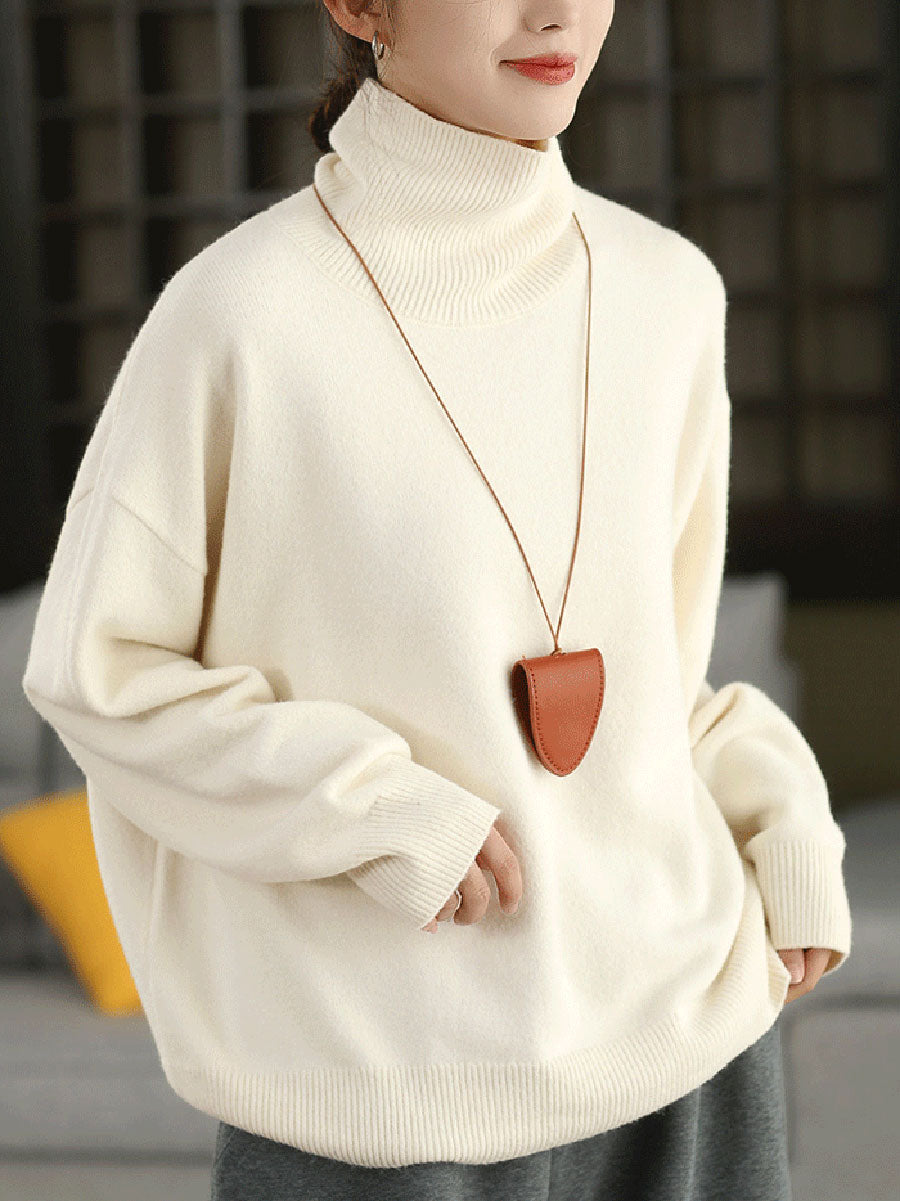 Women Vintage Autumn Pure Color Half-Turtleneck Knitted Sweater