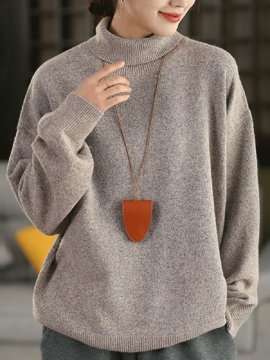 Women Vintage Autumn Pure Color Half-Turtleneck Knitted Sweater