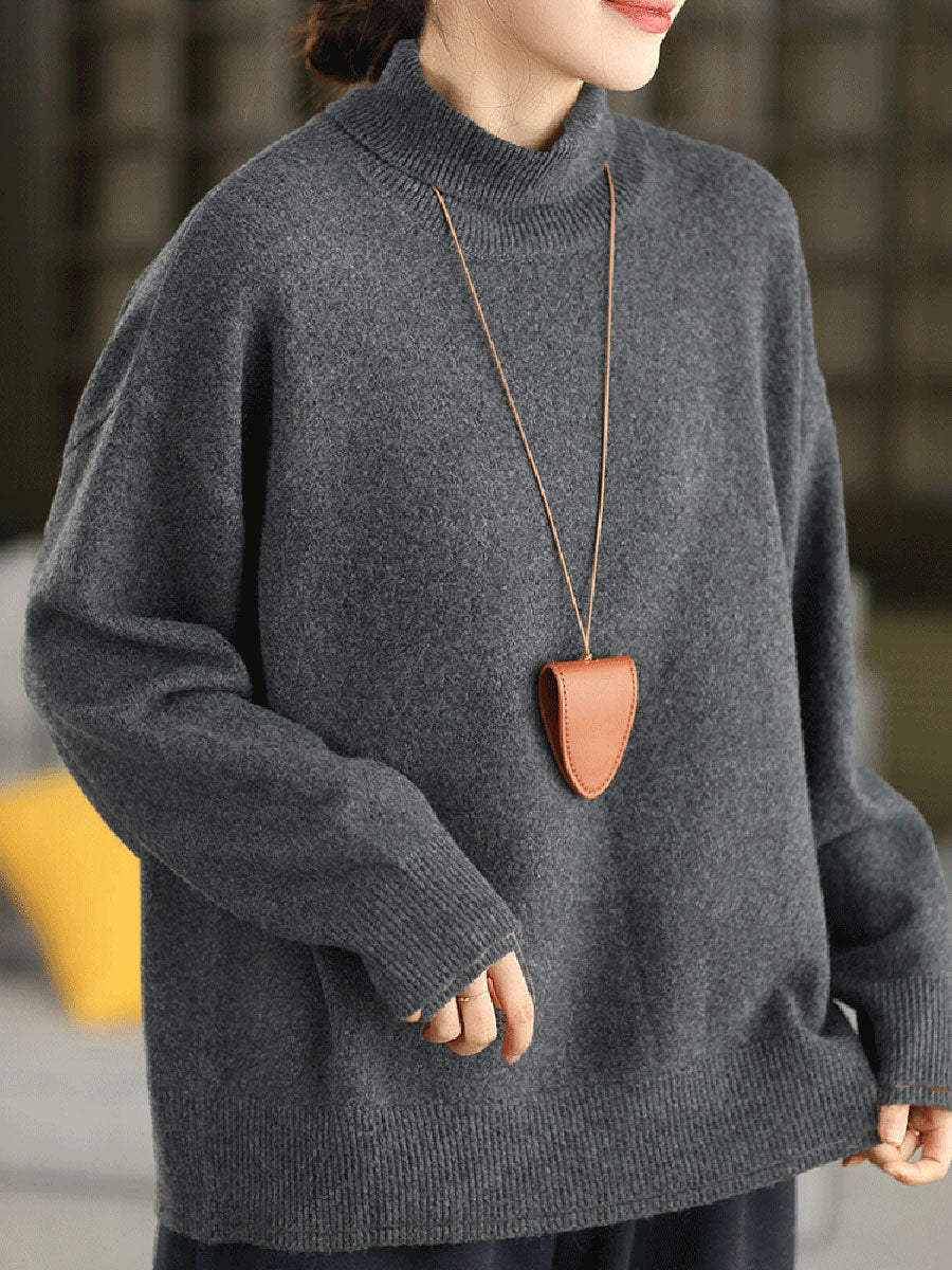 Women Vintage Autumn Pure Color Half-Turtleneck Knitted Sweater
