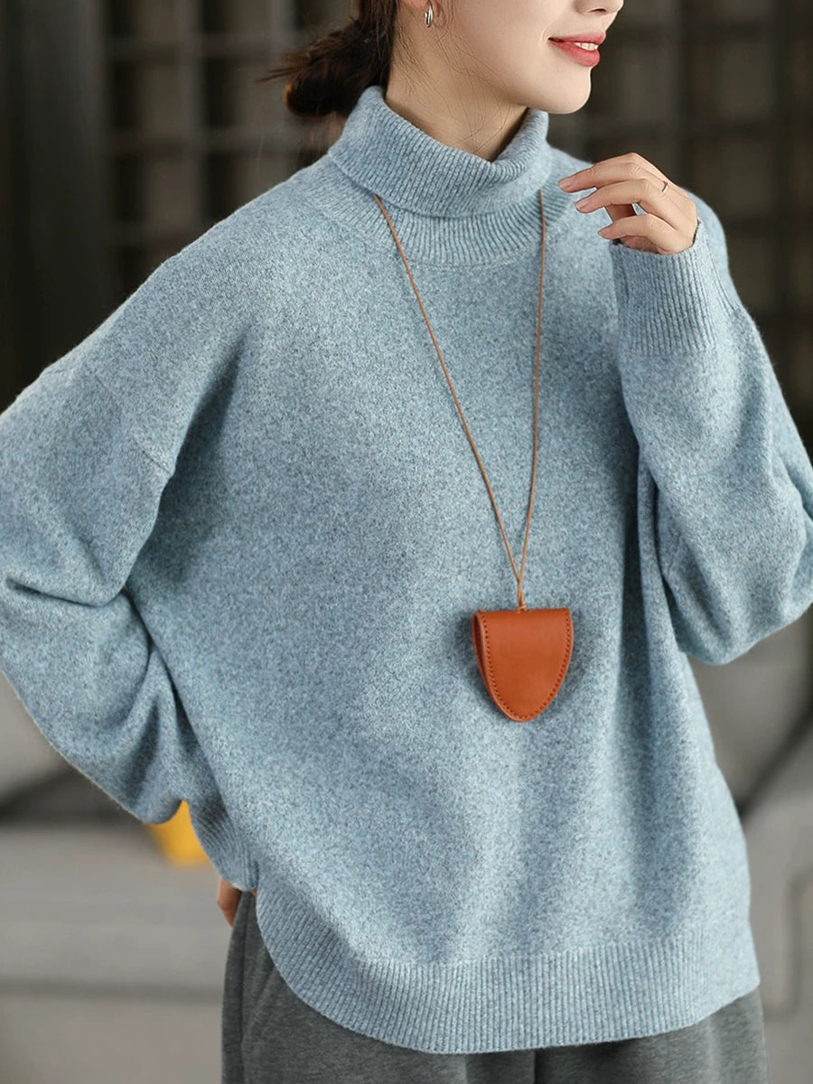 Women Vintage Autumn Pure Color Half-Turtleneck Knitted Sweater