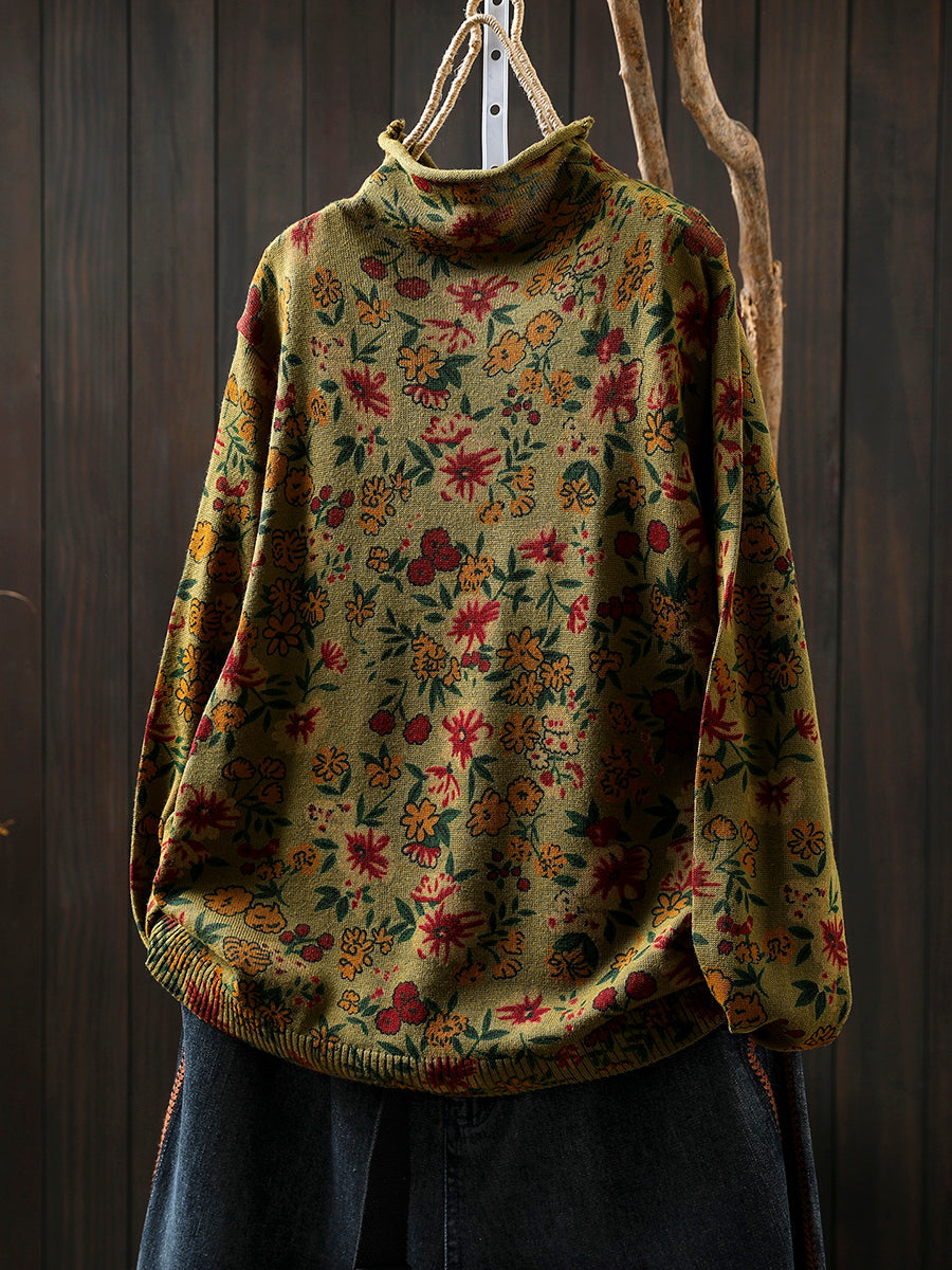 Women Vintage Autumn Flower Half-Turtleneck Sweater