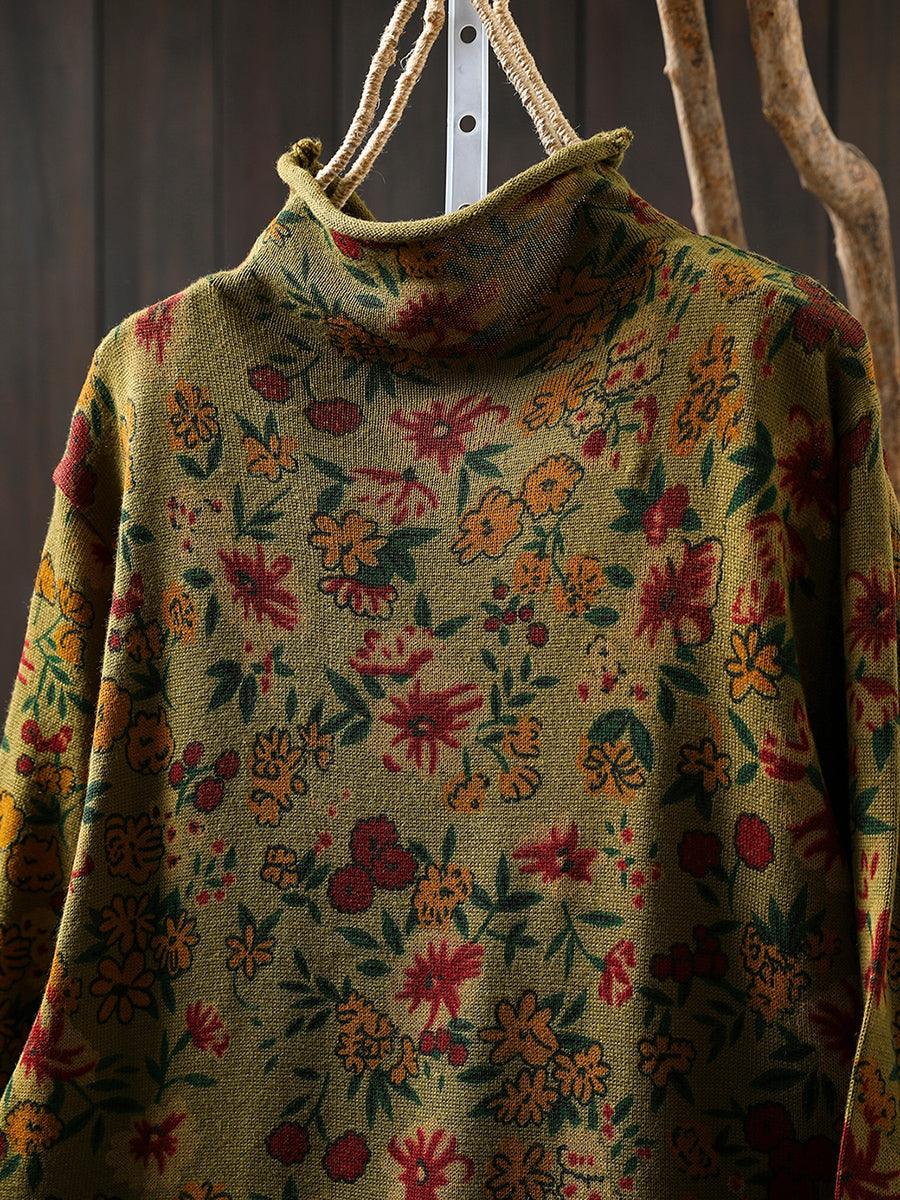 Women Vintage Autumn Flower Half-Turtleneck Sweater